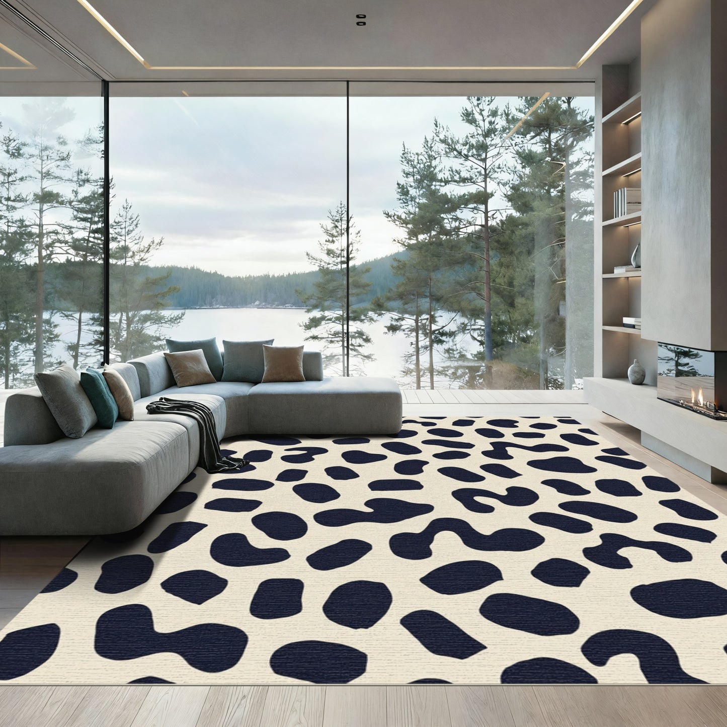 Abstract Navy Spots Cream Backdrop Rug
