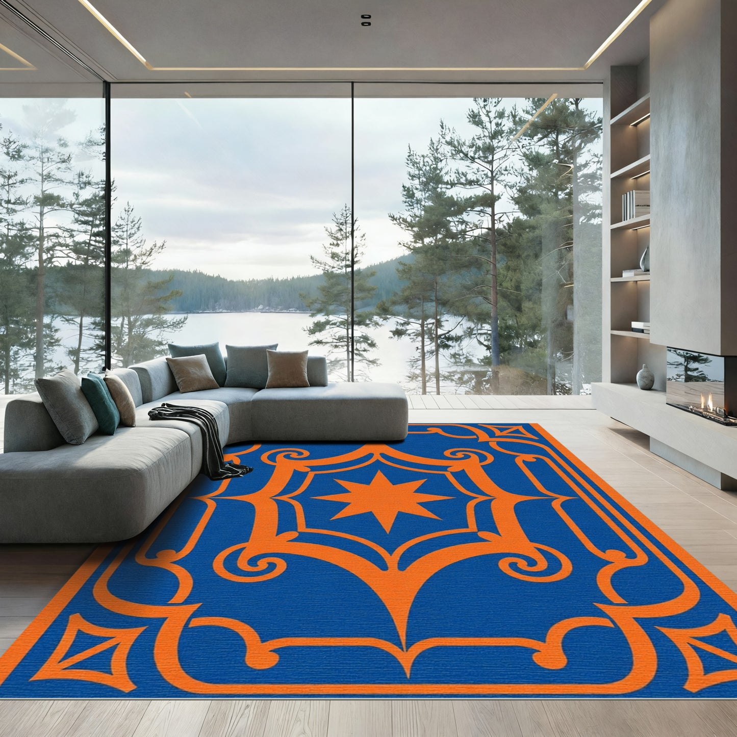 Bold Blue Orange Star Frame Rug