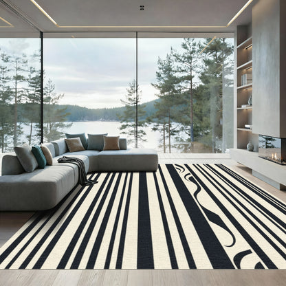 Black and Cream Abstract Stripe Rug