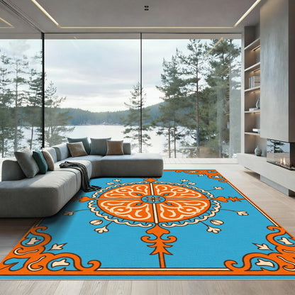 Vibrant Orange Medallion Blue Square Rug