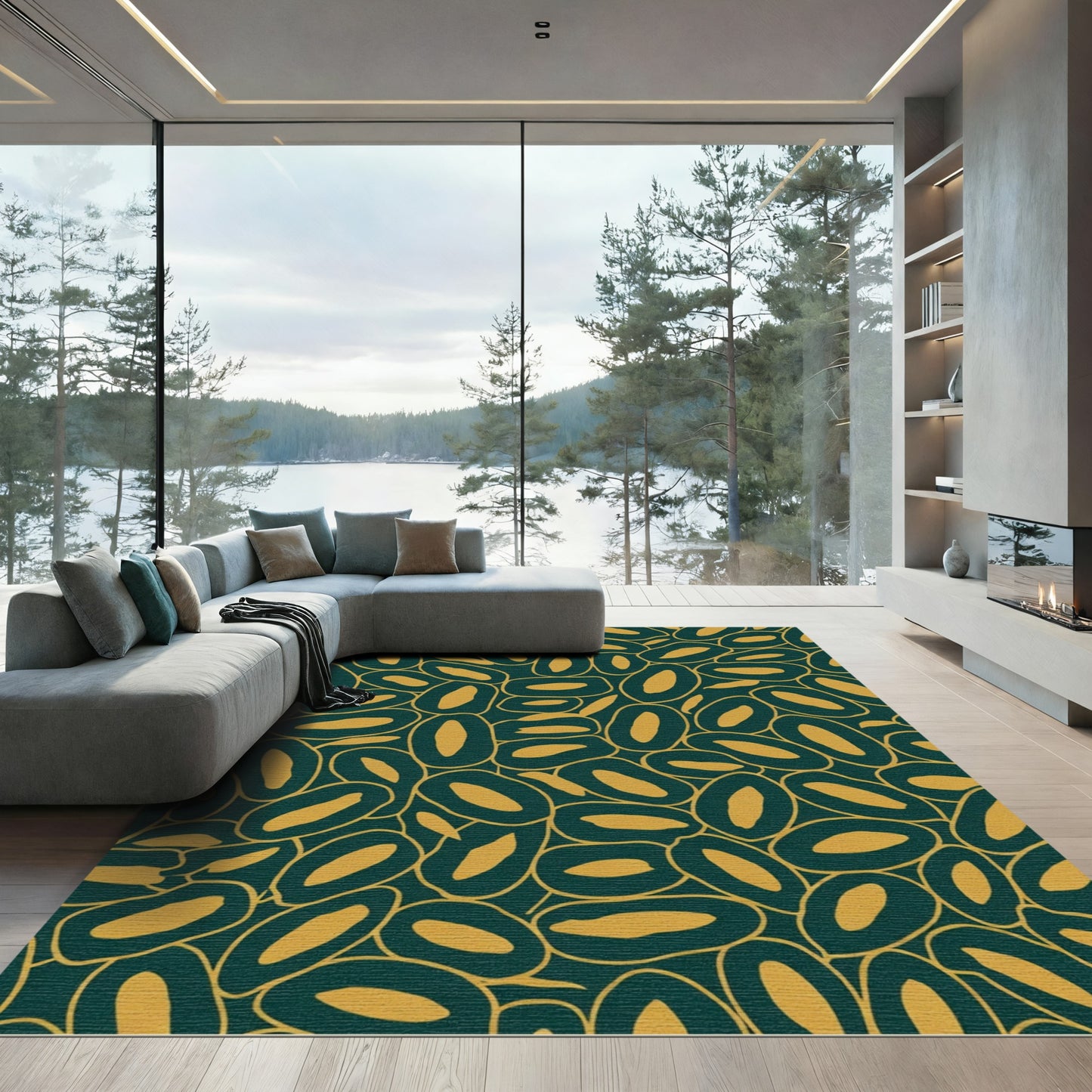 Deep Teal Gold Organic Shapes Rug