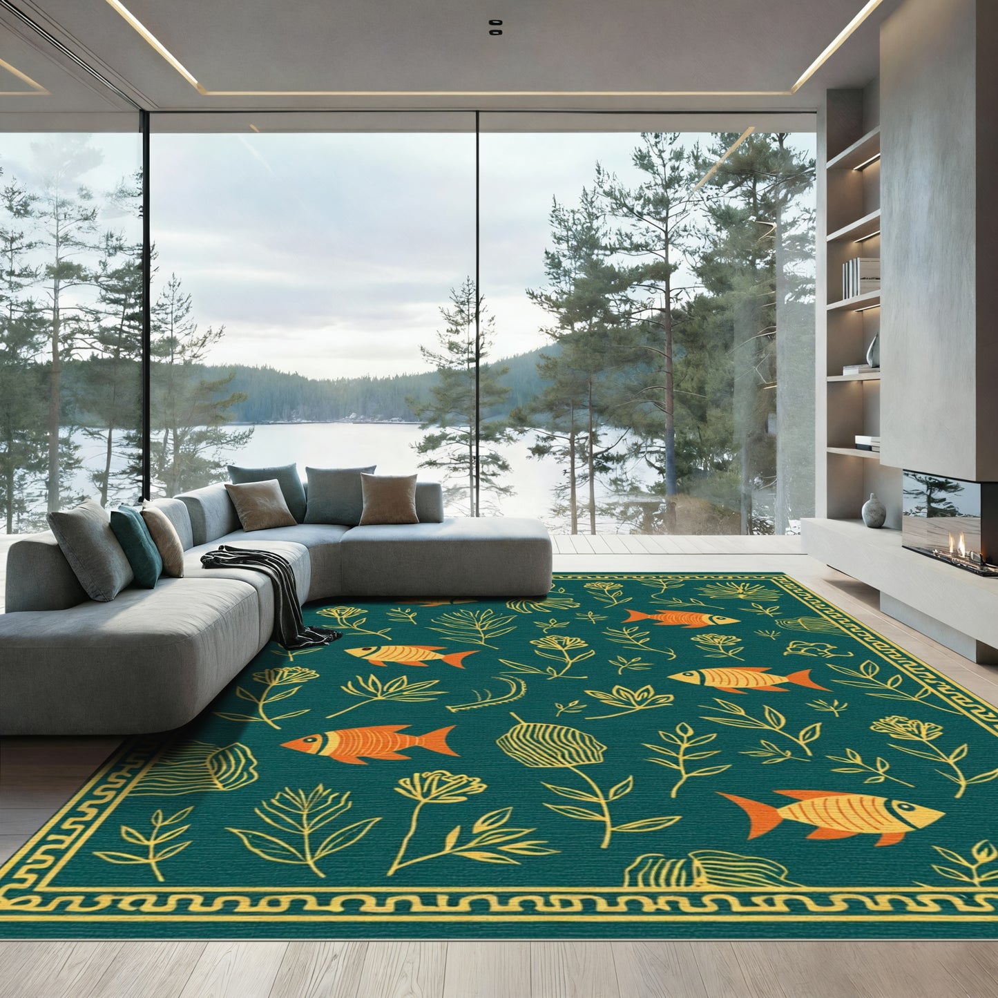 Teal Orange Fish Botanical Border Rug