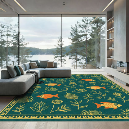 Teal Orange Fish Botanical Border Rug