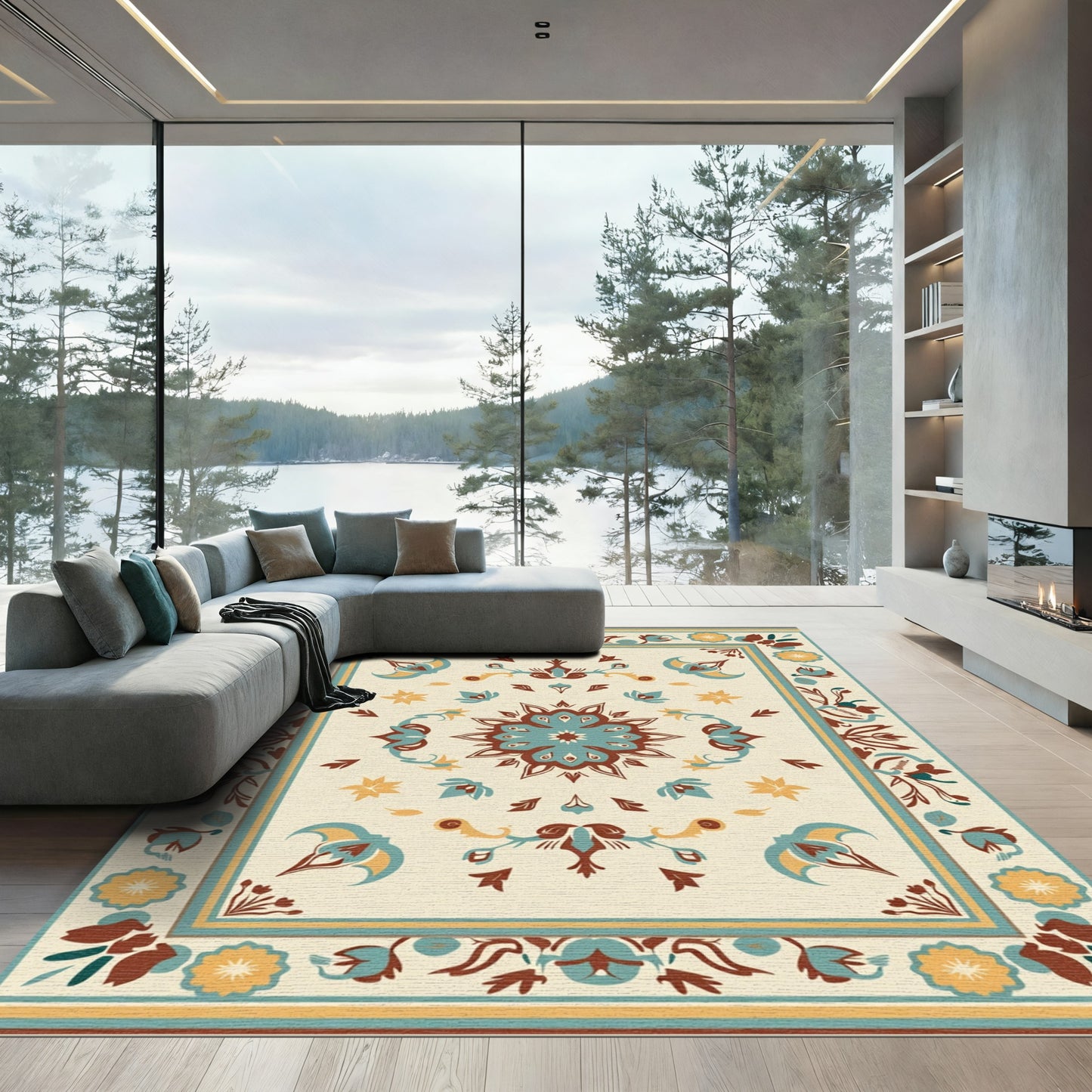 Cream Teal Brown Floral Medallion Harmony Rug