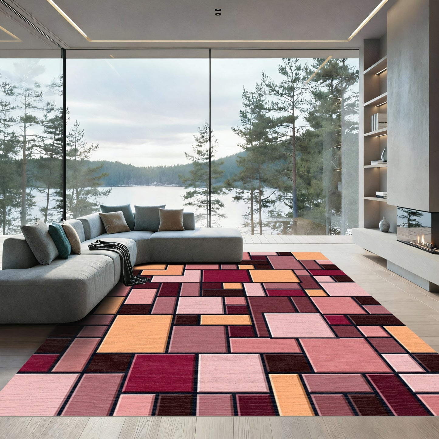 Terracotta Pink Geometric Blocks Rug