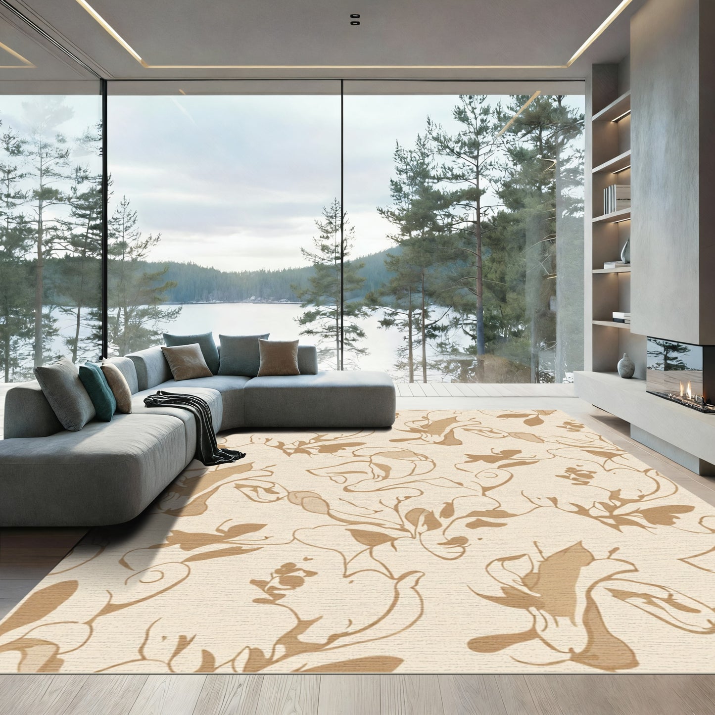 Earthy Tan Sketchy Floral Vines Rug