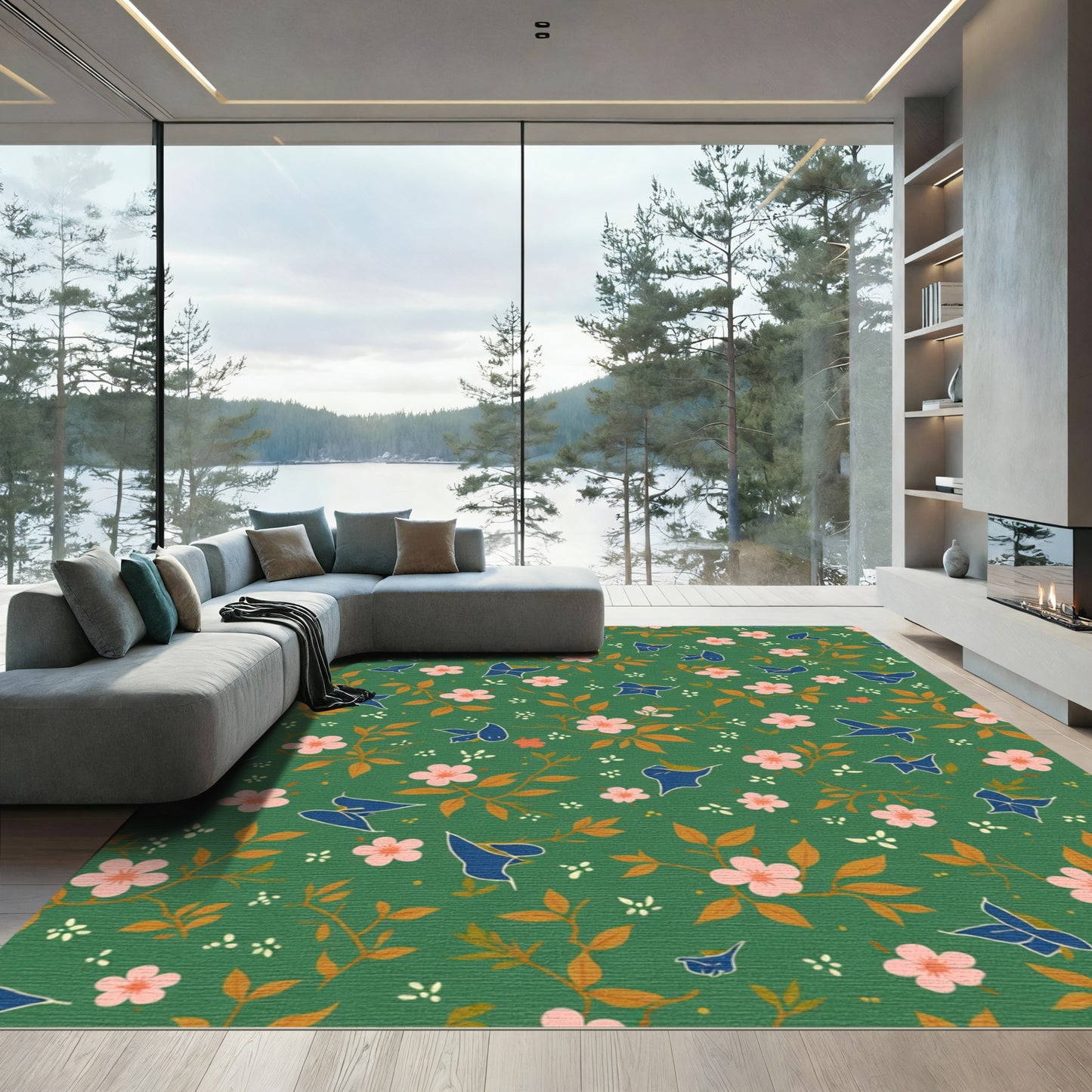 Emerald Green Floral Bird Medley Rug