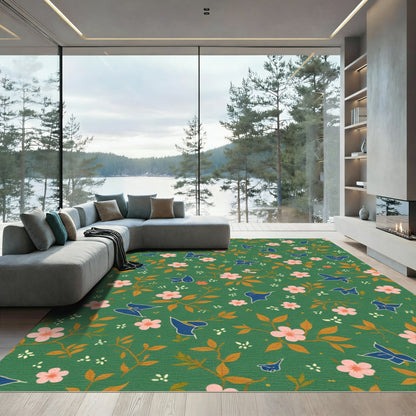 Emerald Green Floral Bird Medley Rug