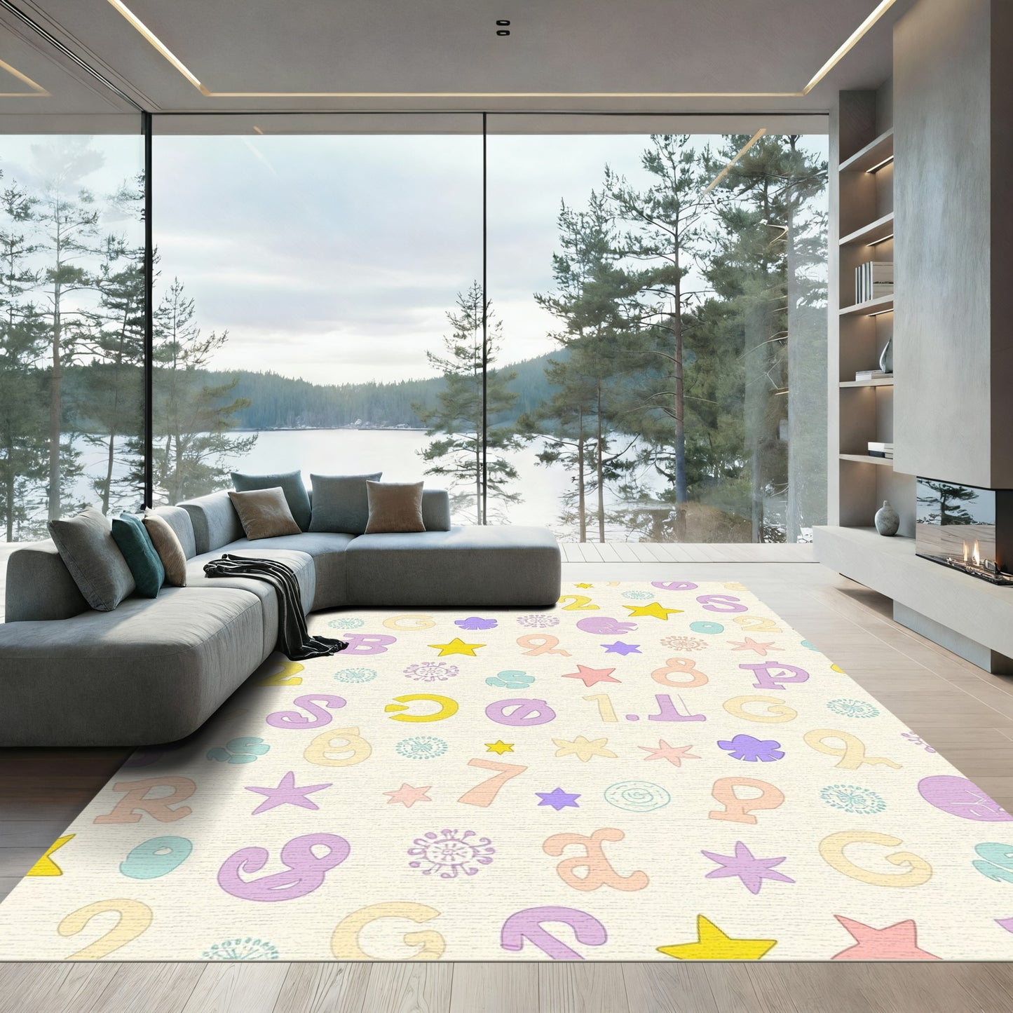 Pastel Letters and Stars Scattered Rug