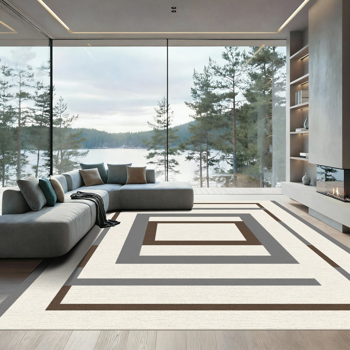 Neutral Geometric Concentric Rectangles Rug