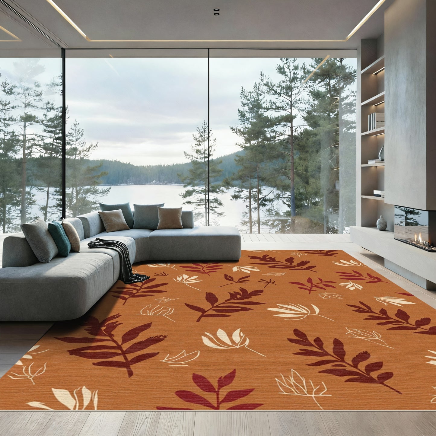 Earthy Autumn Leaf Silhouette Arrangement Rug