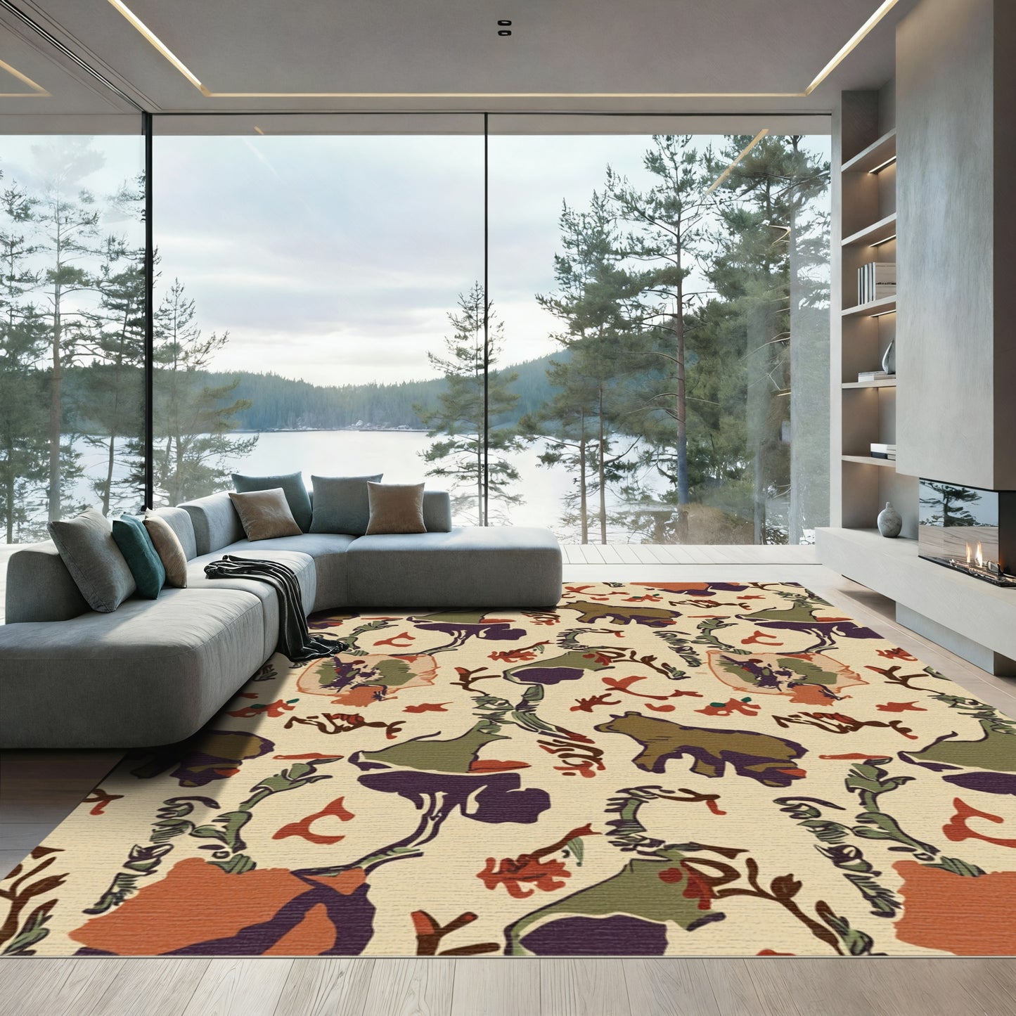 Woodland Bear And Foliage Ochre Rug