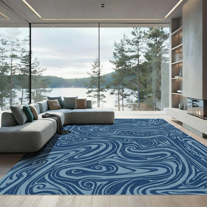 Deep Blue Swirling Abstract Lines Rug