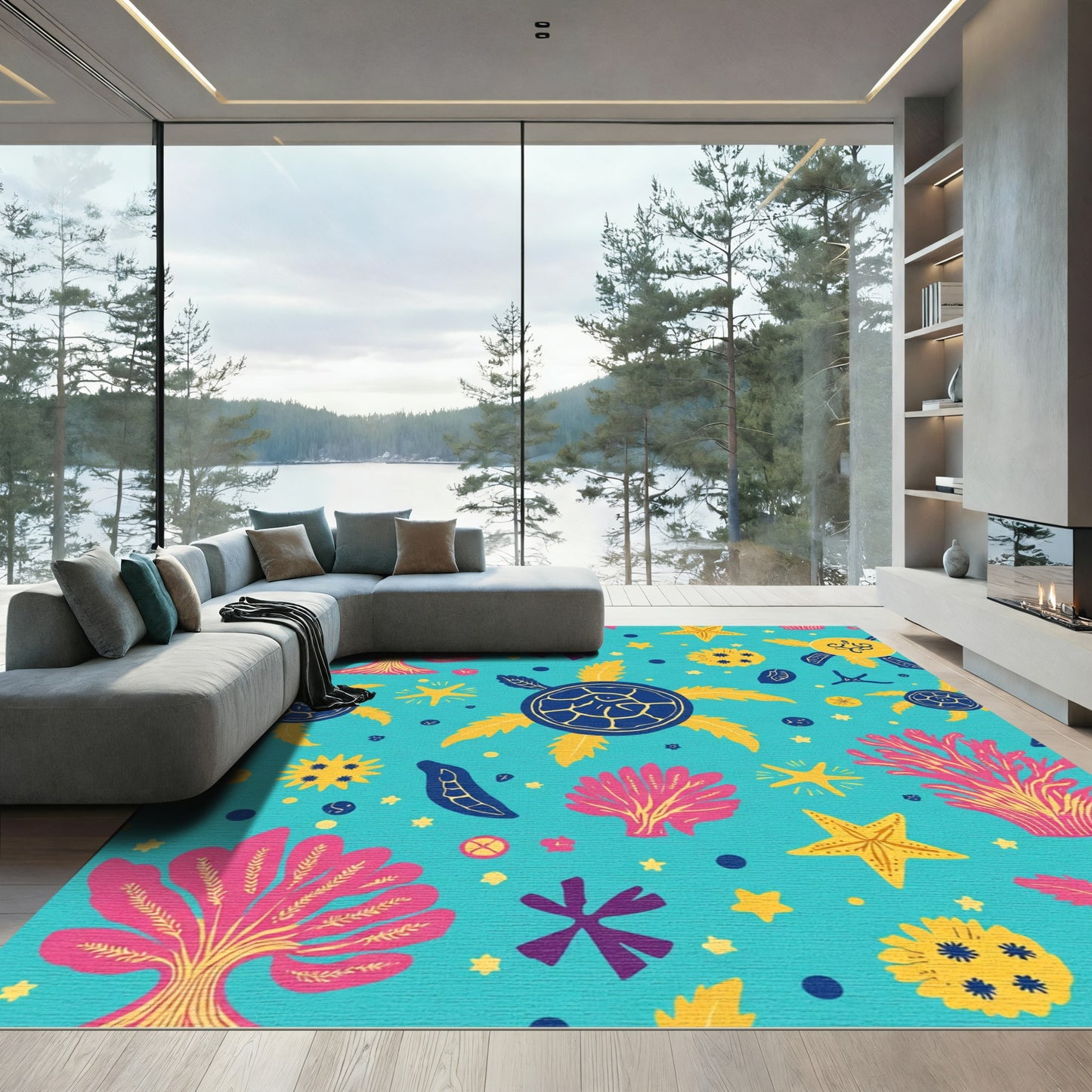 Aqua Coral Turtle Starfish Medley Rug