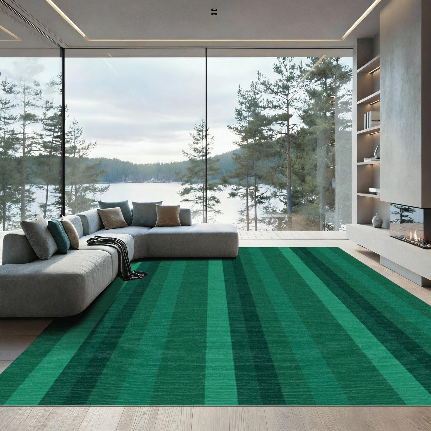 Deep Green Vertical Stripe Statement Rug