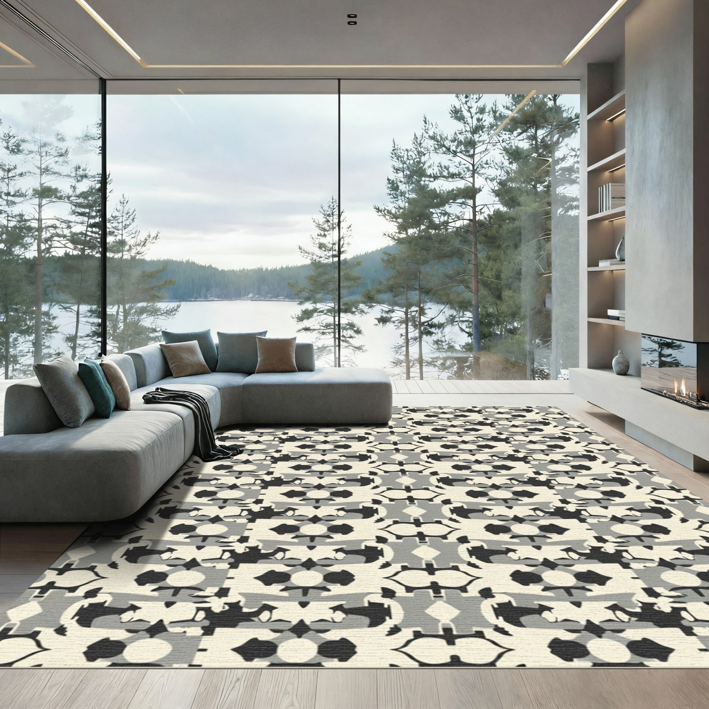 Cream Black Gray Abstract Repeating Shapes Rug