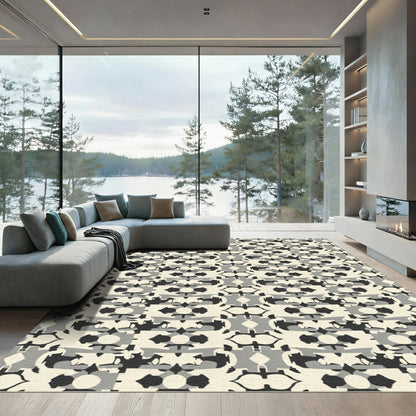 Cream Black Gray Abstract Repeating Shapes Rug