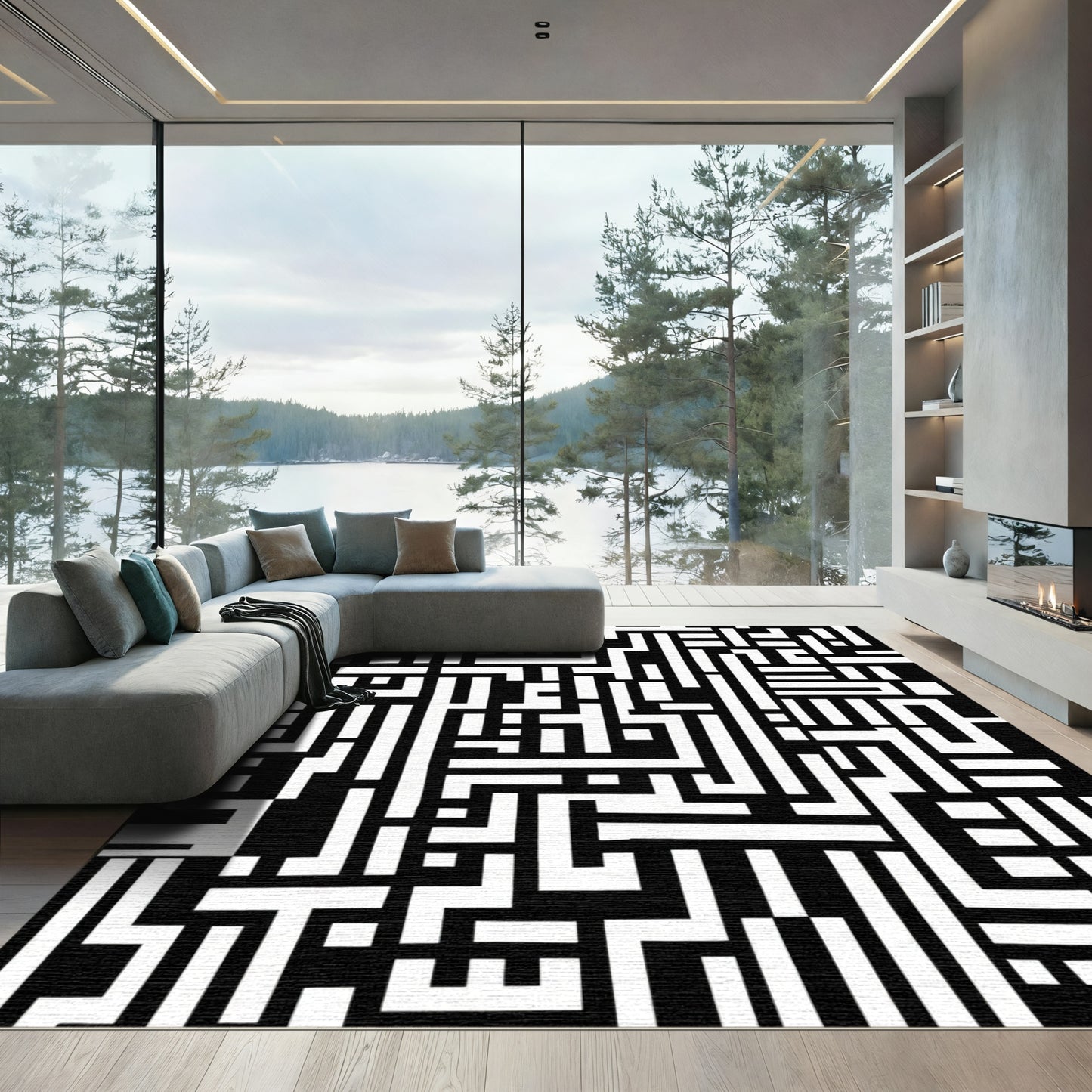 Bold Black White Maze Structure Rug
