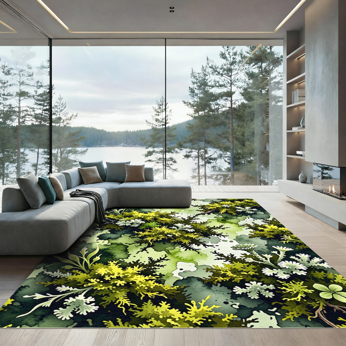 Lush Green Forest Fern Lichen Rug