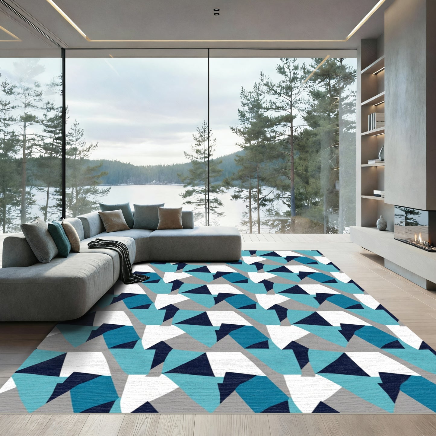 Modern Blue Gray Geometric Asymmetrical Shapes Rug