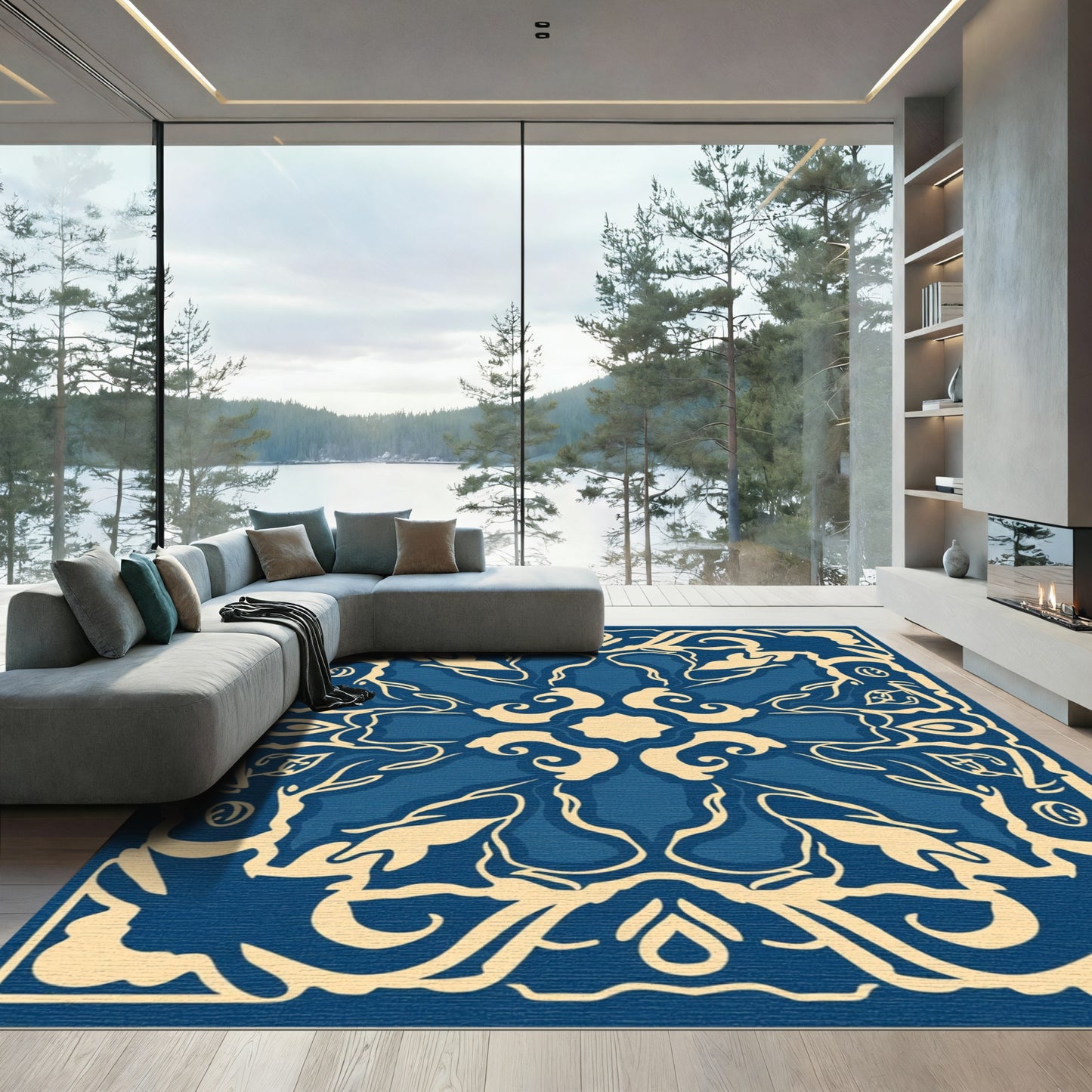 Deep Blue Cream Arabesque Curvilinear Rug