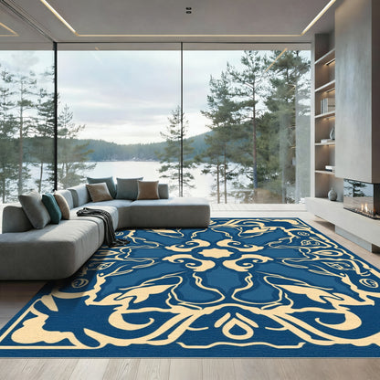 Deep Blue Cream Arabesque Curvilinear Rug