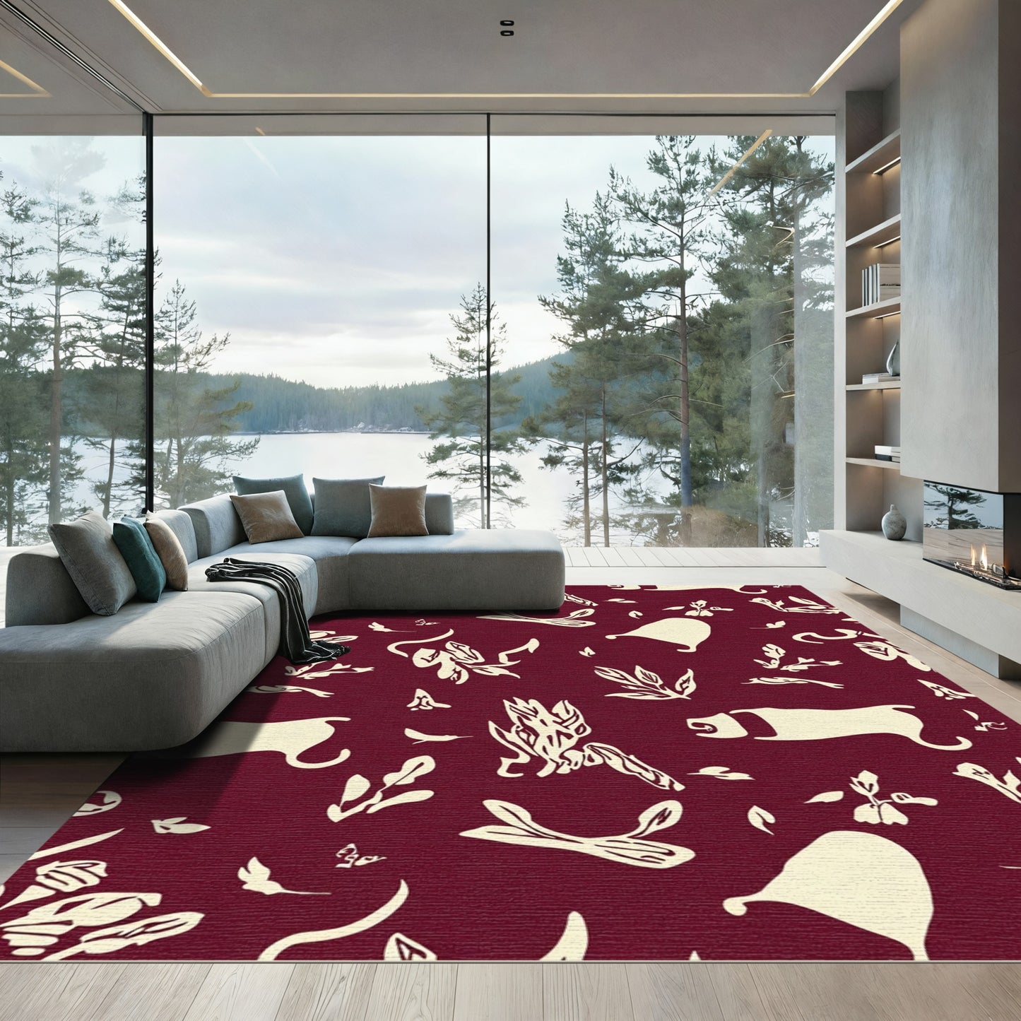 Deep Red Whimsical Leaf and Creature Rug