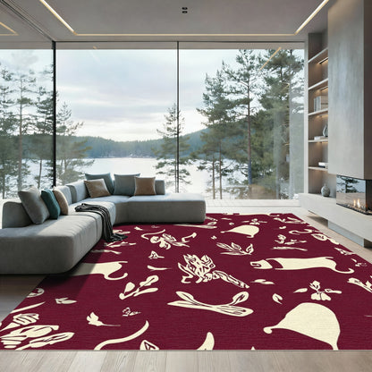 Deep Red Whimsical Leaf and Creature Rug