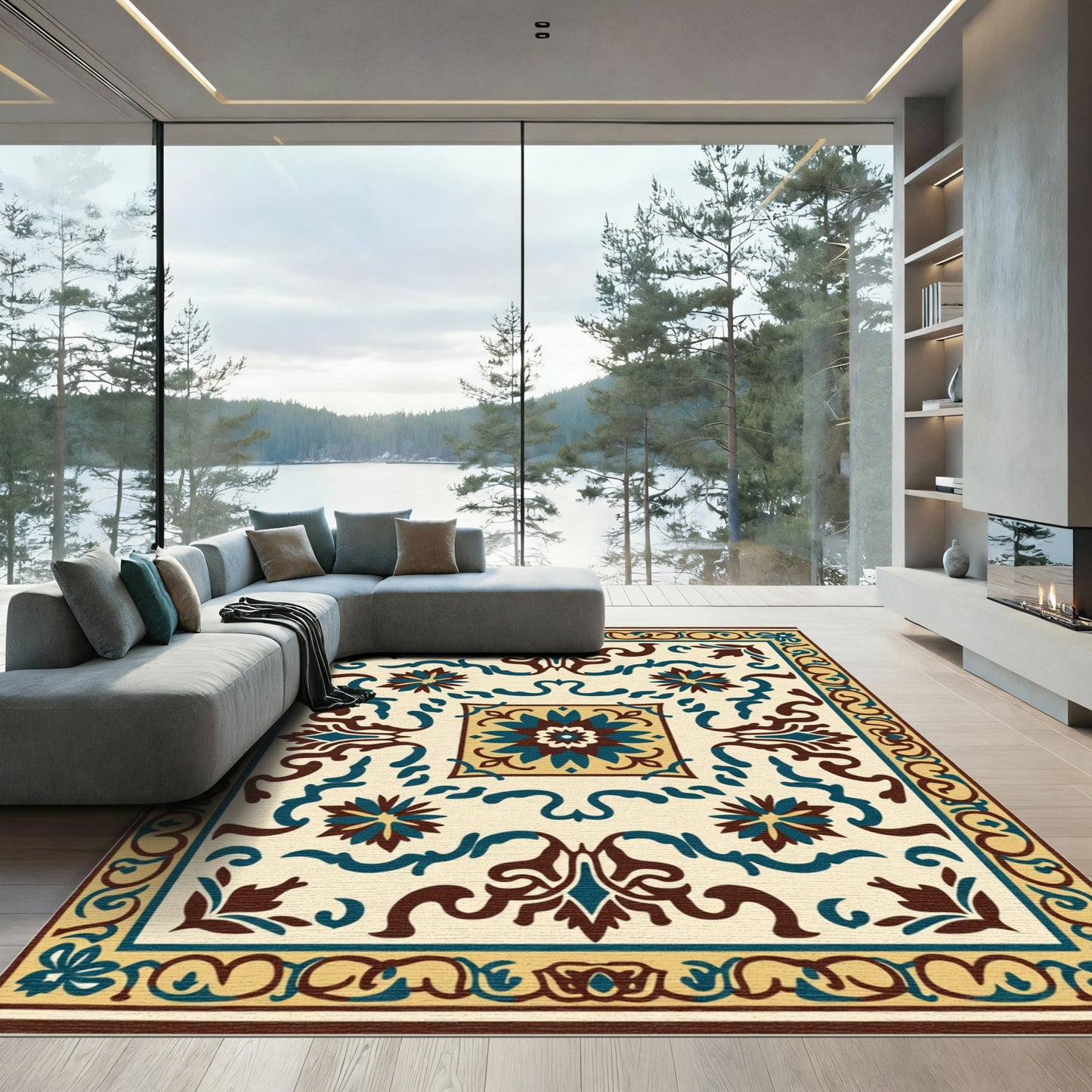 Cream Brown Teal Floral Medallion Rug