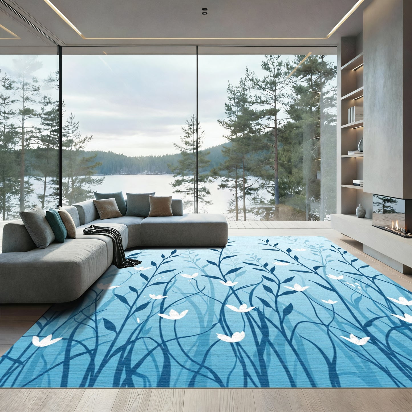 Deep Blue Silhouette Floral Garden Rug