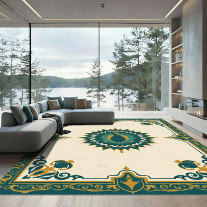 Teal Gold Peacock Sunburst Radiance Rug