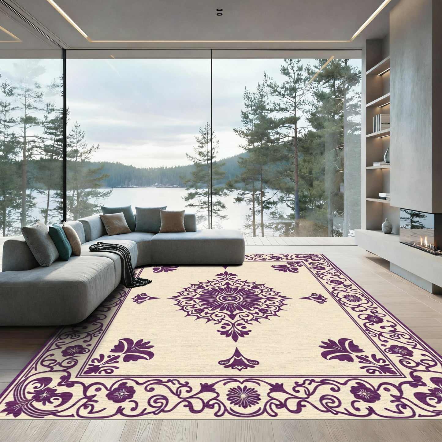 Ornate Purple Floral Medallion Border Rug