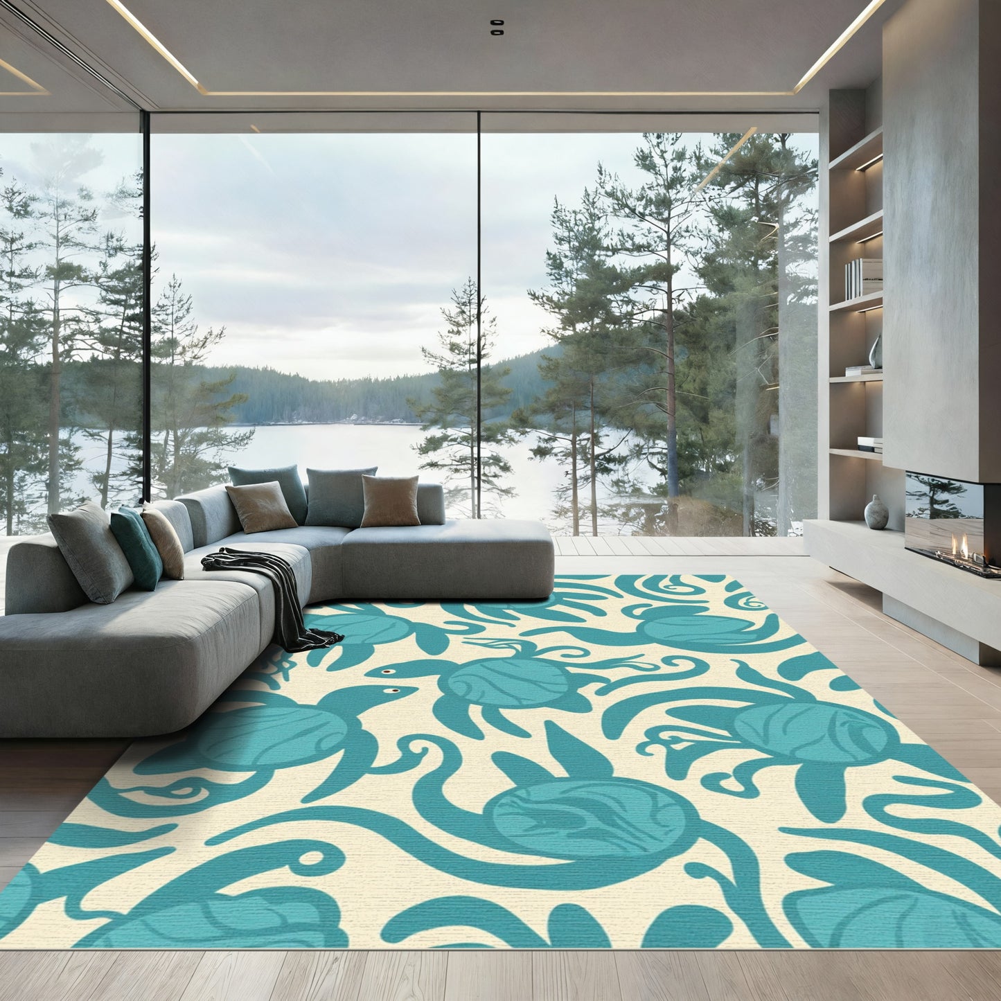 Whimsical Teal Turtle Swirls Rug