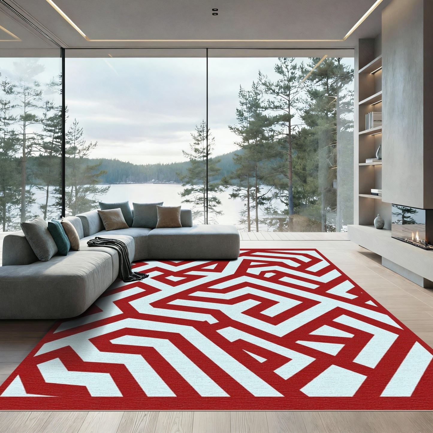 Crimson White Interlocking Maze Rug