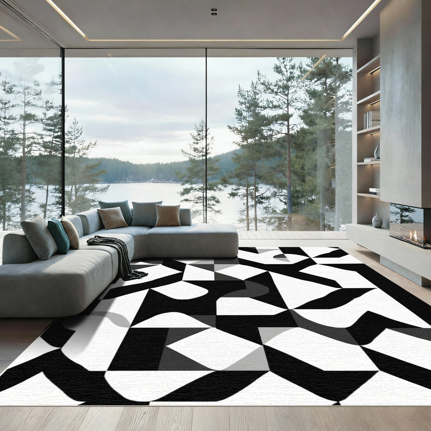 Abstract Black White Geometric Harmony Rug