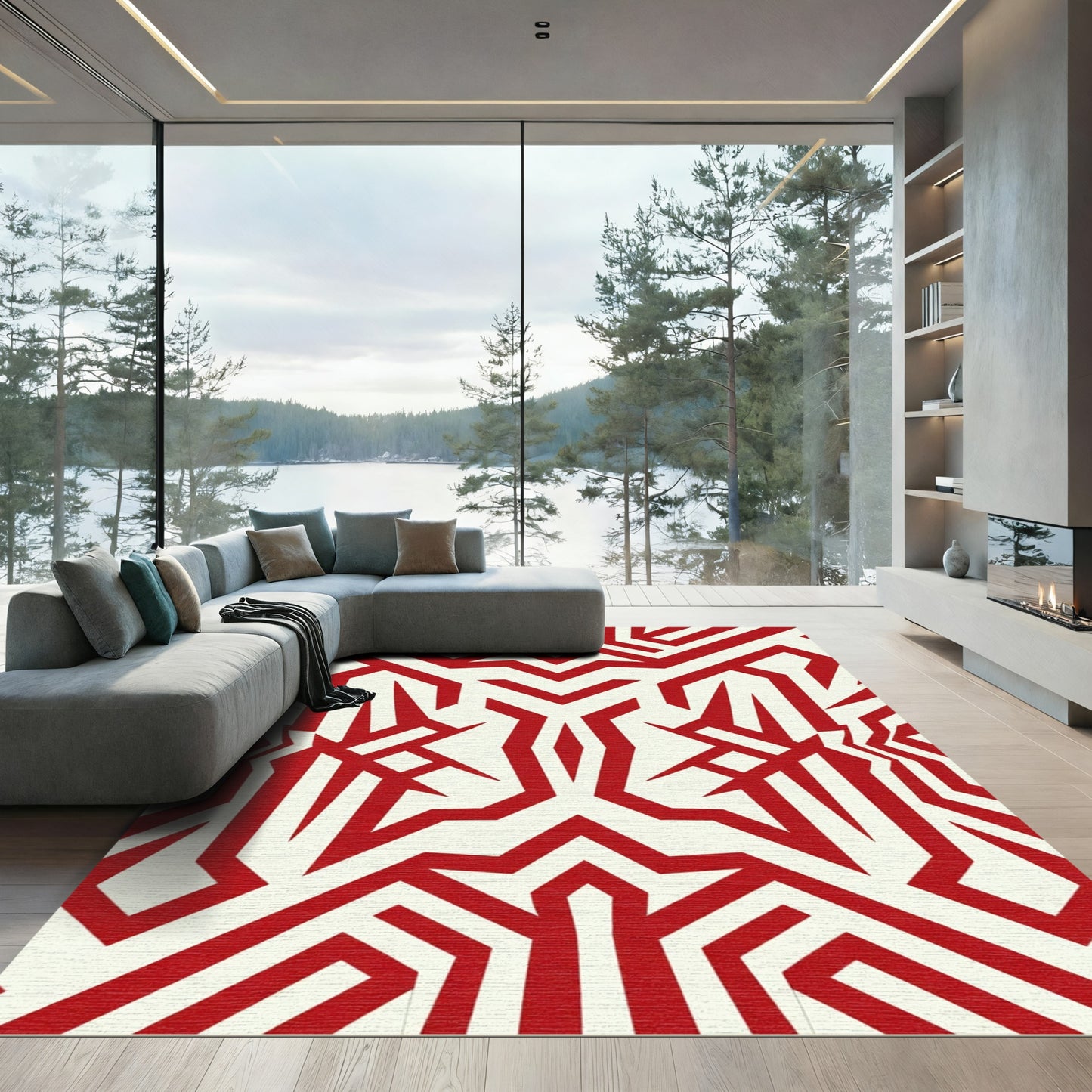 Bold Crimson Abstract Geometric Rug