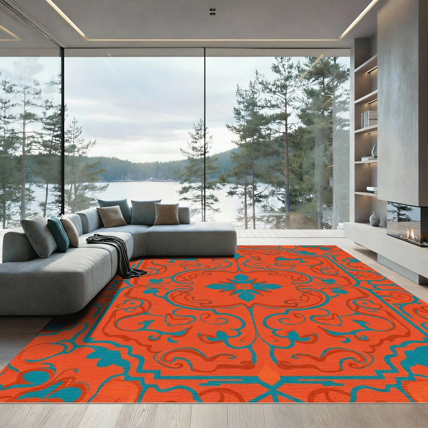 Orange Teal Scrollwork Medallion Rug