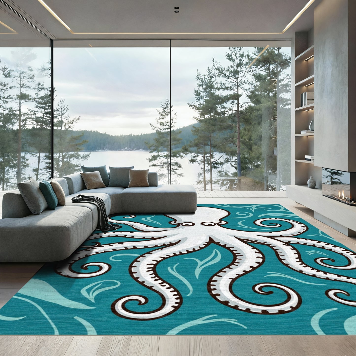 White Octopus With Swirls Rug