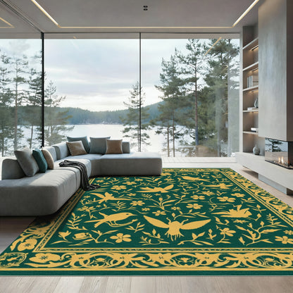 Golden Birds Floral Vine Green Rug