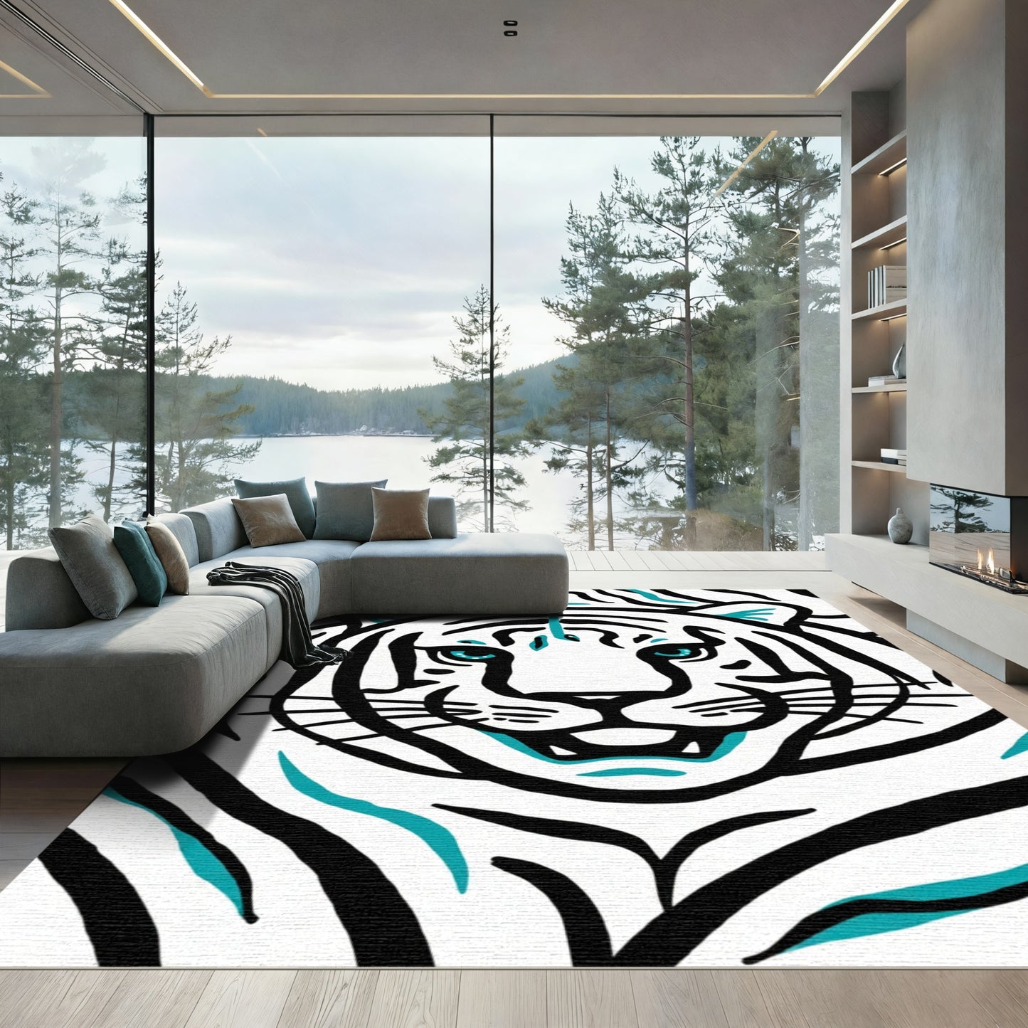 Bold Teal Stripe Tiger Face Rug