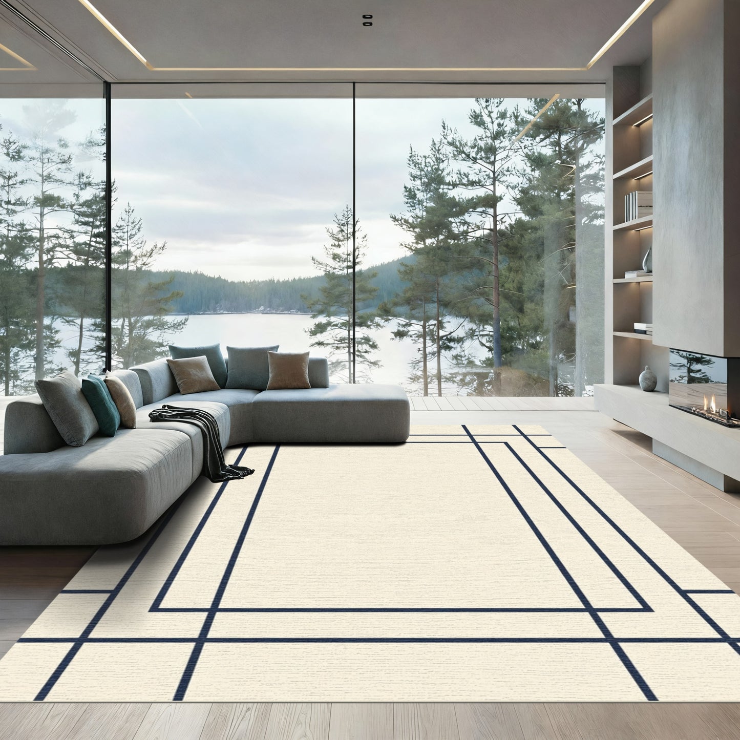 Cream and Navy Geometric Grid Rug