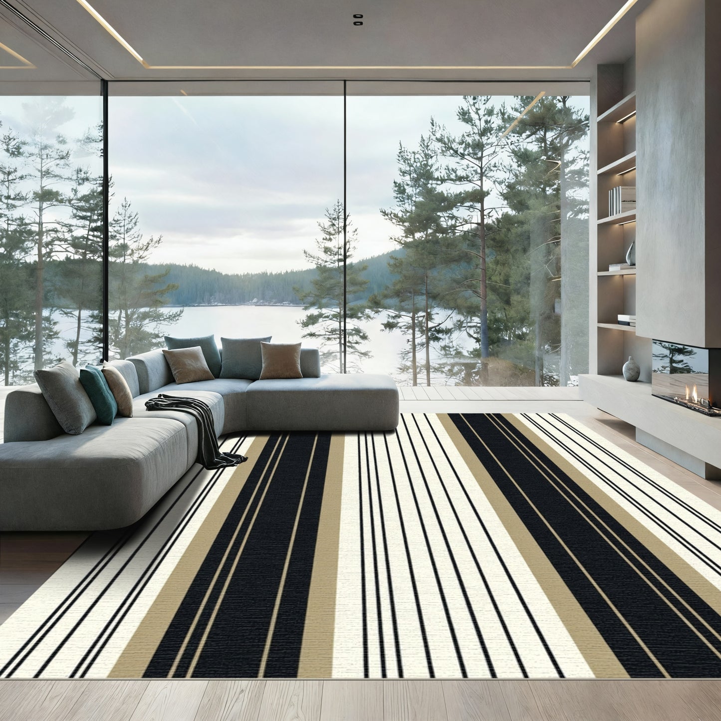 Modern Cream Black Tan Stripe Rug