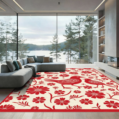 Bright Crimson Avian Floral Companions Rug