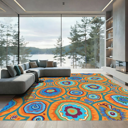 Vibrant Orange Blue Floral Circles Rug