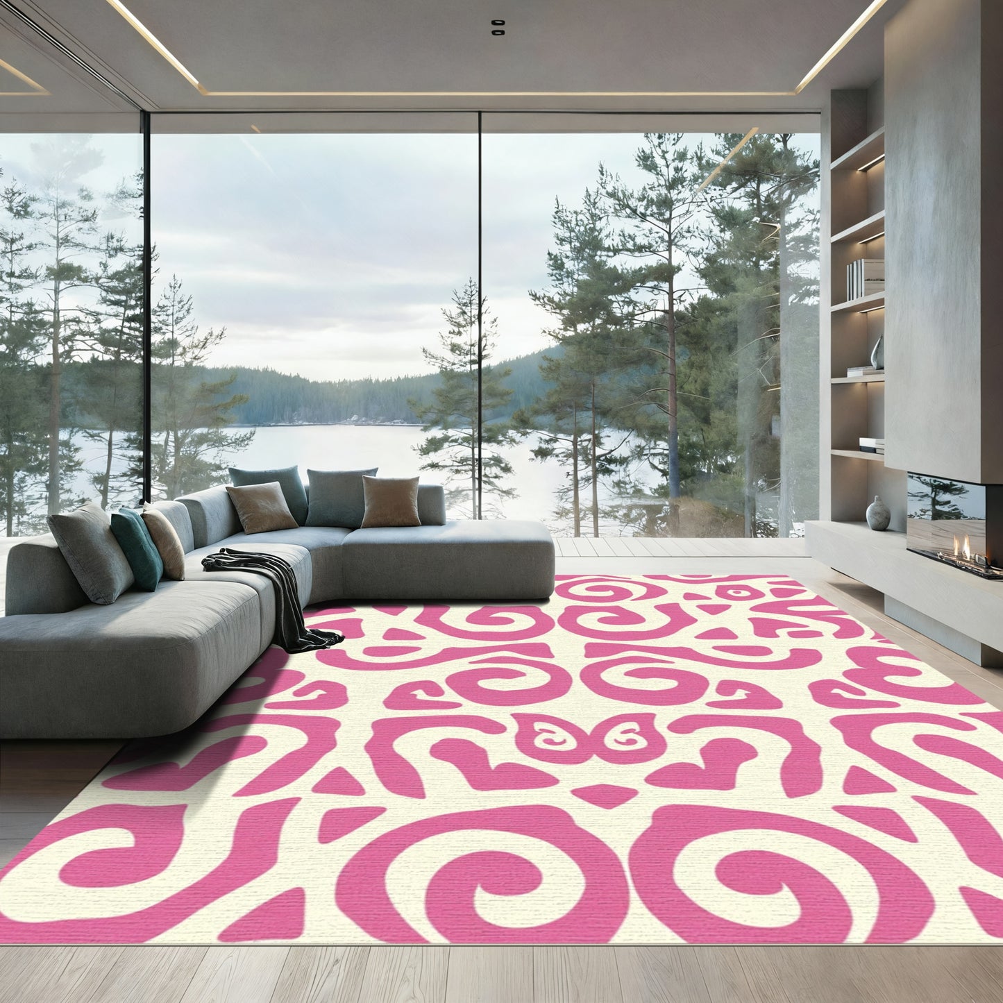 Fuchsia Cream Organic Swirl Abstract Rug