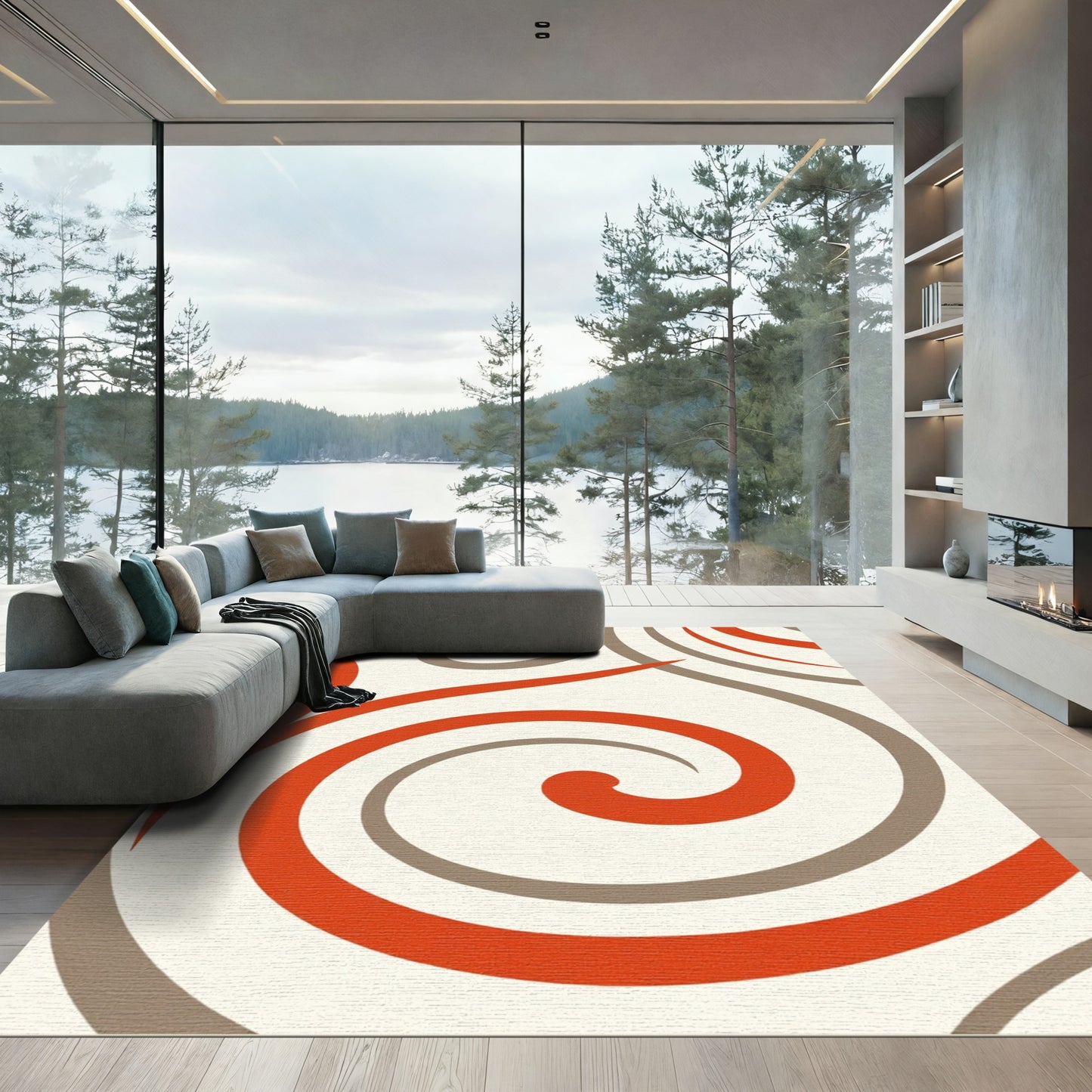 Crimson Grey Swirl Abstract Rug