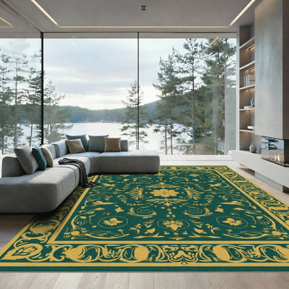 Classic Teal Gold Floral Bird Medallion Rug