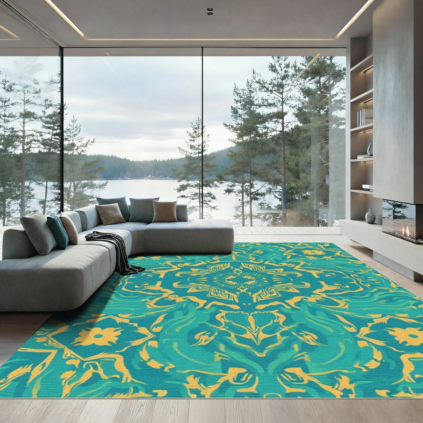 Turquoise Yellow Mandala Wave Rug