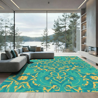 Turquoise Yellow Mandala Wave Rug