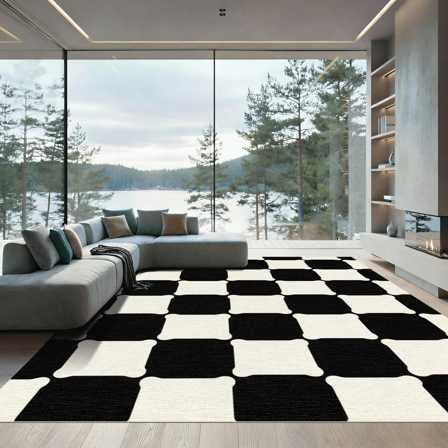 Black White Checked Squares Medallion Rug